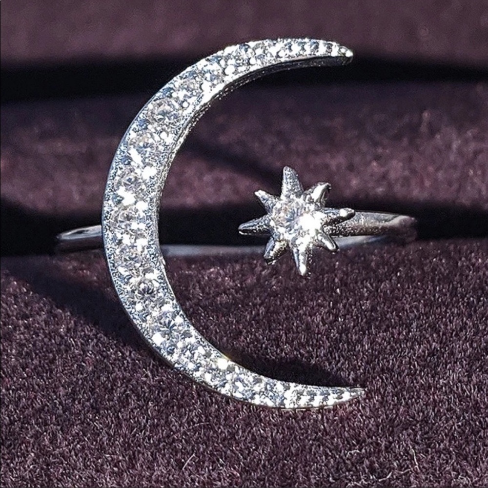ADJUSTABLE 925 SILVER DIAMOND STAR MOON RING - Picture 7 of 8